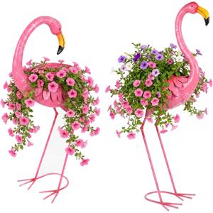 Set of 2 Pink Metal Standing Flamingo Planter Flower Pot | With Drainage Hole, Decorative Garden Sculpture for Lawn Patio, Yard, Indoor Outdoor Use for Trailing Flowers and Plants