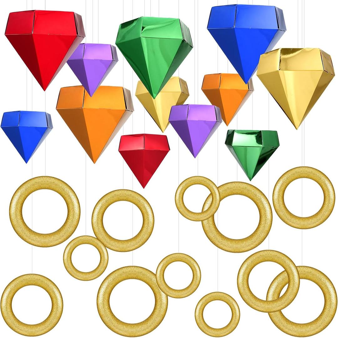 24 Pcs Gold Round Power Rings Paper Diamond Gems Set 12pcs 4" 6" 8" Gold Glitter Rings 12pcs Colorful Power Gems Hedgehog Party Favor for Birthday Movie Cartoon Themed Party Supplies