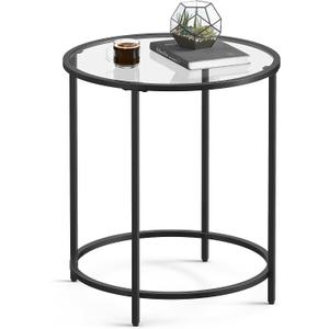 VASAGLE Round Side Table, Glass End Table with Metal Frame, Black Coffee Table with Modern Style, for Living Room, Balcony, Bedroom, Black, 19.7 x 19.7 x 21.6 Inches