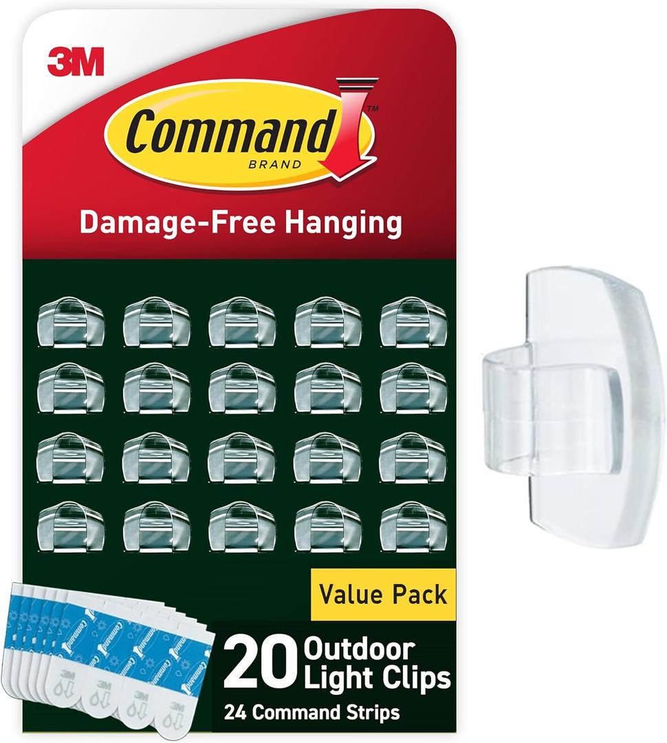 Command Outdoor Light Clips, 20 Clear Clips and 24 Strips, Damage Free Hanging Christmas Decorations with Weather Resistant Strips, Wall Clips for Hanging Outdoor Lights and Cable Management