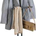 MyGift Modern Garment Valet Stand with Rustic Burnt Solid Wood Coat Clothes Hanger, Round Wooden Base, and Industrial Matte Black Metal Bag Holder for Women