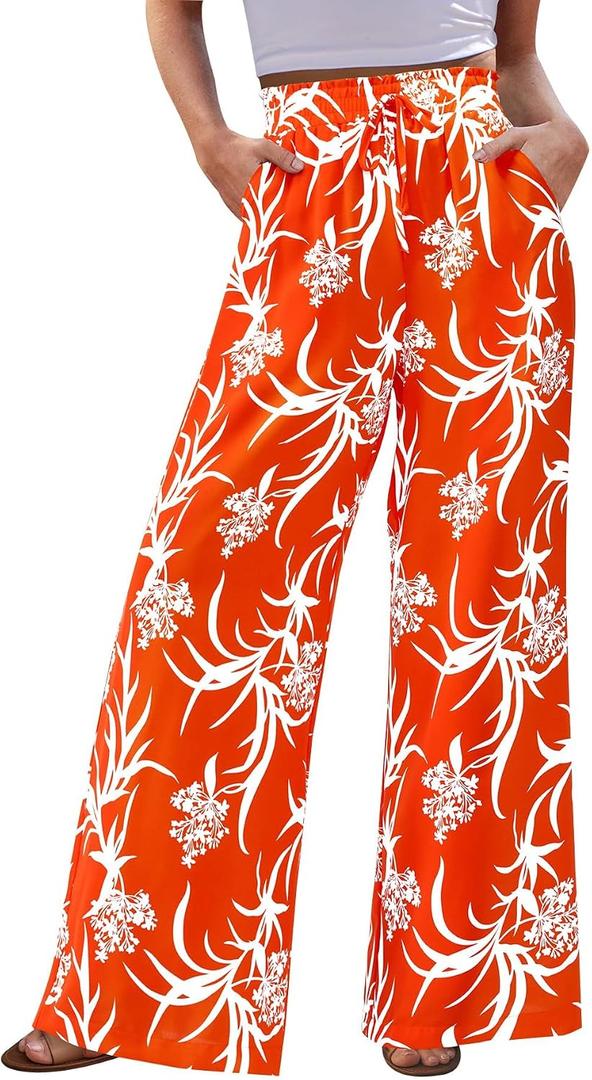 CFLONGE Palazzo Pants for Women Casual 2026 Summer High Waist Floral Wide Leg Striped Pant Flowy Boho Fashion Beach Outfits (Orange, XXL)