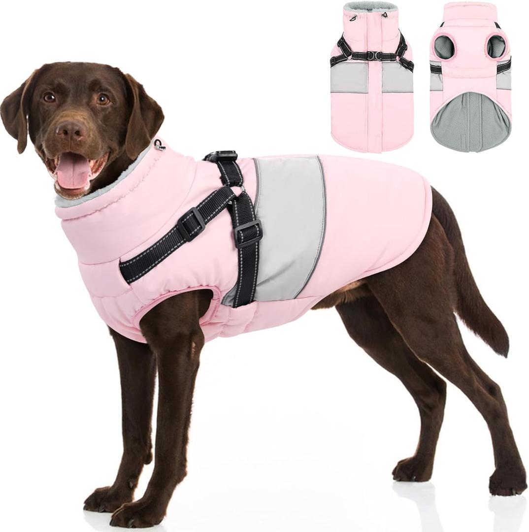 SUNFURA Dog Coat, XXL Dog Jacket Winter with Harness Built in, Waterproof Pet Snow Jacket with Furry Collar for Chilly Day, Reflective Fleece Snowsuit for Dogs, Pink 2XL