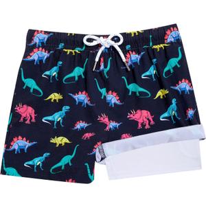 BRISIRA Boys Swim Trunks Bathing Suit Compression Boxer Brief Liner Swim Shorts Swimsuit Anti-Chafe Toddler Kids Youth Teen (5-6, Black Dinosaur)