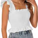 Rooscier Women's Summer Tops Square Neck Smocked Ruffle Cap Sleeve Peplum Blouse Casual Flowy Shirt for Women Plain White Large (White, L)