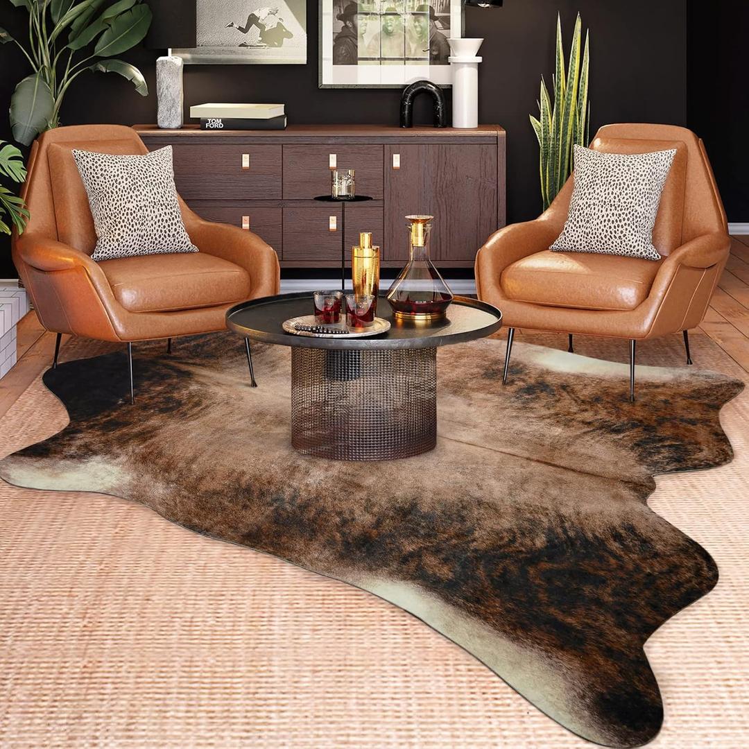 Easycozy Faux Cowhide Large Cow Print Rug - 5.2 x 6.3 Feet Thickened Elastic Rug for Bedroom, Living Room, Home Office, Western Decor (Brownish Yellow)