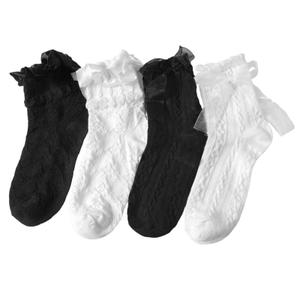 Ksriylm 4 Pairs Women's Ruffle Ankle Socks,Cute Lace Turn Cuff Bow Frilly Dress Socks, Casual Comfortable Cotton Princess Calf Socks for Women Ladies, Black White
