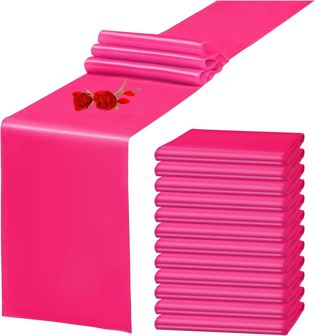 12 Pack Hot Pink Satin Table Runner 12 x 108 Inch Long Premium Table Runners for Wedding Party Events Decoration Birthday Parties Banquets Decorations Graduations Engagements