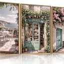 Modern French Flower Street Framed Canvas Wall Art Set,Romantic Green Landscape Wall Decor,Vintage Mediterranean Bookstore Neutral Coast Cityscape Artwork for Living Room, Bedroom-16 x24 x3
