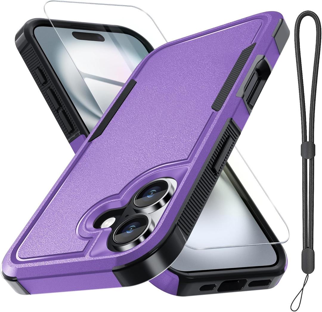 RMOCR Case for iPhone 17 Phone Cover with Screen Protector,Military Grade Heavy Duty Shockproof PhoneCase with Wrist Lanyard Strap,2025 Lavender