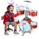 Toddlers Drum Set for Kids 1-3 3-5 with Stool Toys, Higher Bracket of Musical Drum Toys for Toddlers, Red Drumset for Girls Boys 2-4 4-6 Years