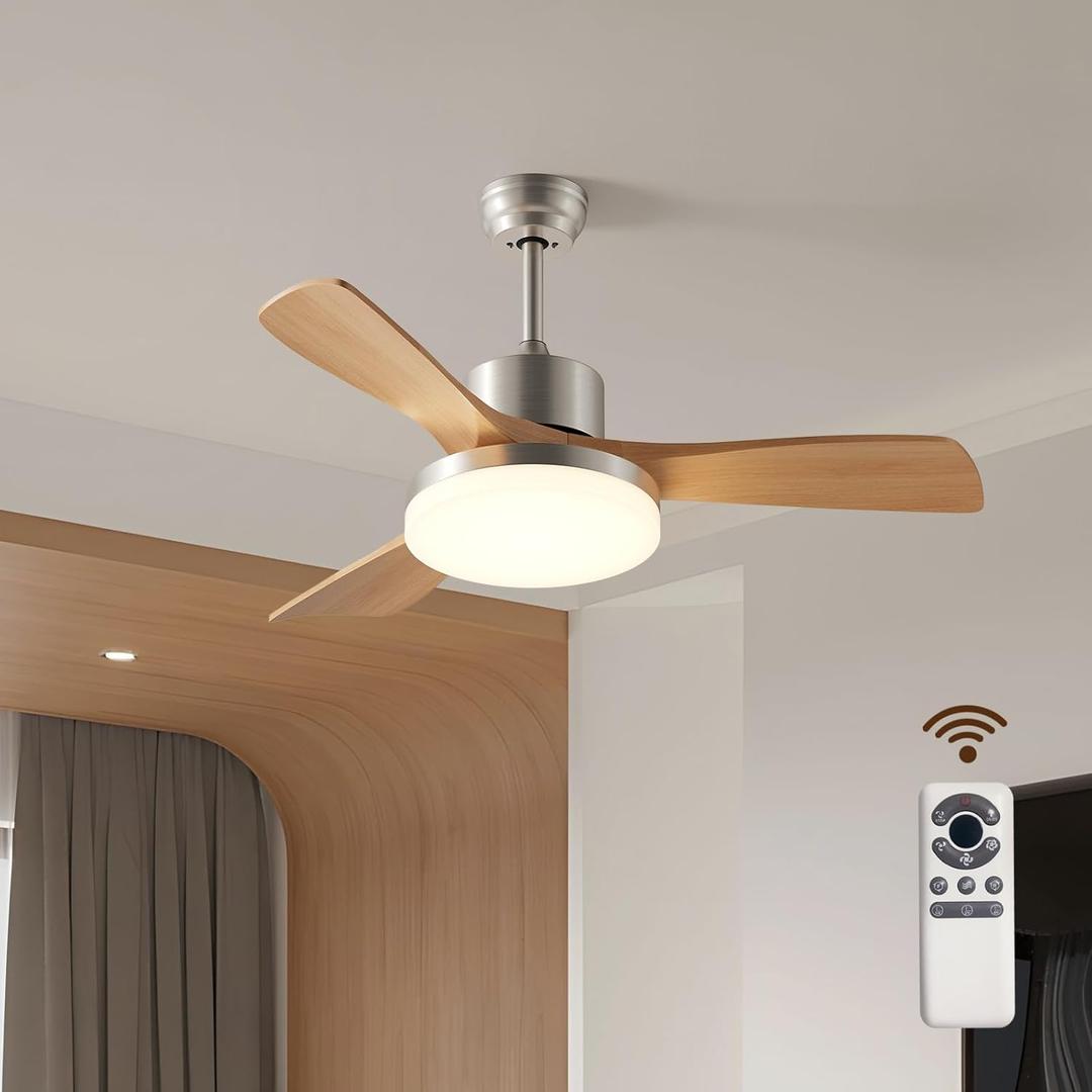 42 Inch Ceiling Fans with Lights, 3 Blades Modern Ceiling Fan with Remote Control, ABS Plastic Wood Grain Fan with Light for Patios, Outdoor, Living Room, Dining Room, Bedroom (Silver + natural wood color 3)