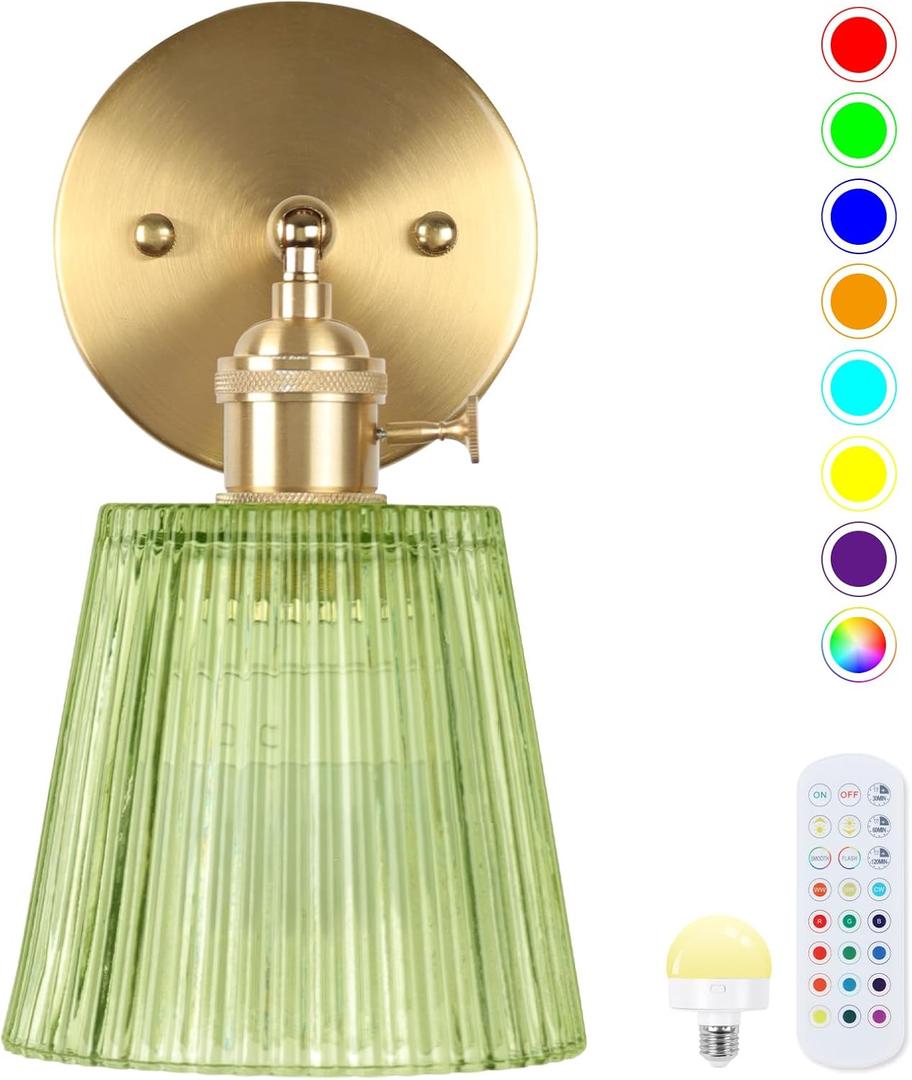 Battery Operated Wall Sconce,Vintage Battery Wall Light With Remote Dimmable Wireless Wall Sconces With Glass Lampshade Rechargeable, Led Wall Lamp Fixtures For Bedroom, Living Room (Stripe Green)