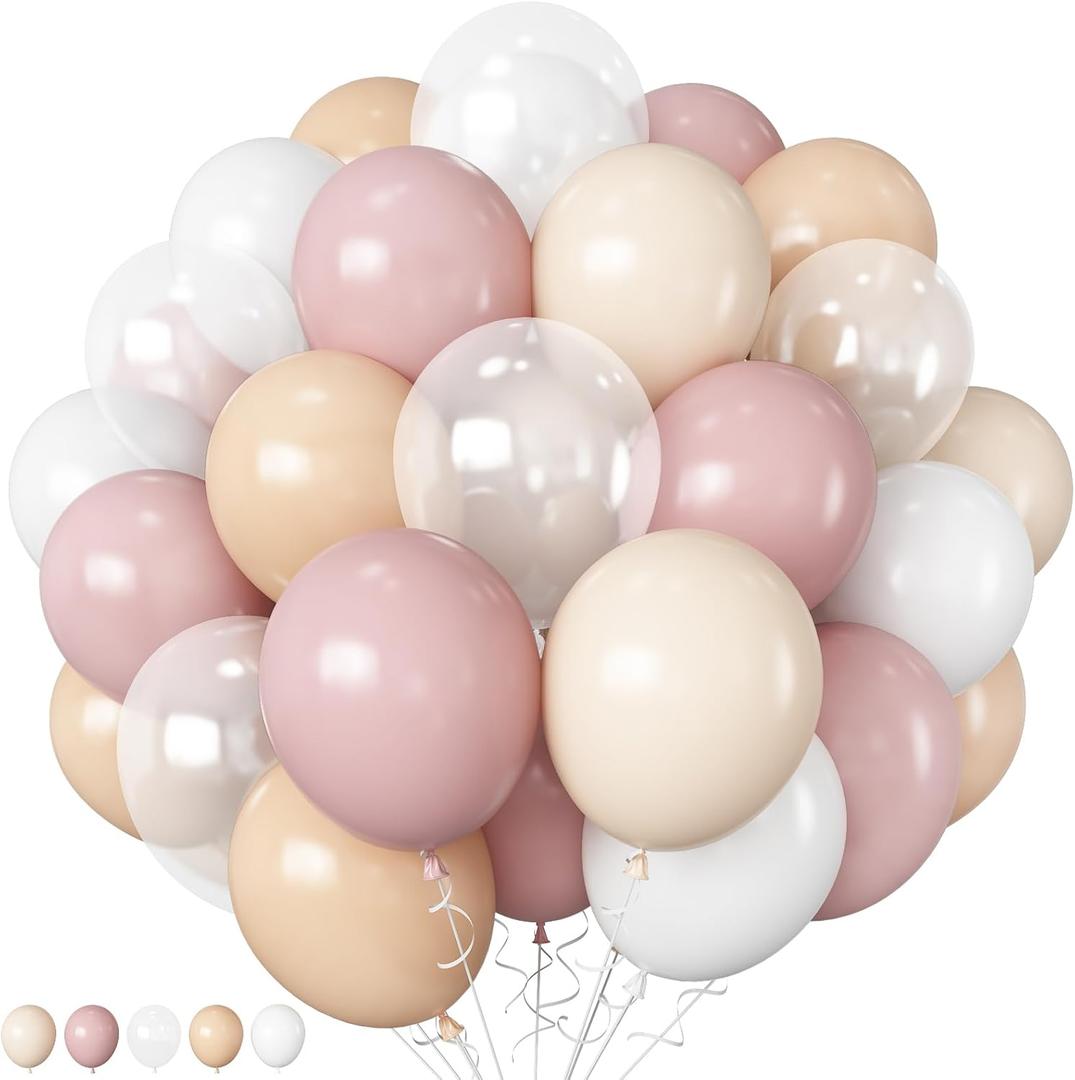 Blush Pink Balloons 60 Pcs 12 Inch Dusty Pink White Sand Latex Balloon Retro Pink Nude Cream Clear Balloons for Bridal Baby Girls Shower Boho Bachelorette Birthday Wedding Party Decorations
