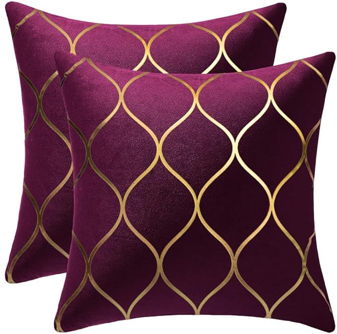 DEZENE Gold Velvet Throw Pillow Covers Purple: 2 Pack 16x16 Inch Square Decorative Pillow Cases for Bedroom Sofa Couch Living Room