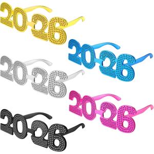 5 Pcs Happy New Year's Eve Glasses 2026 Plastic Eyeglasses Glitter Frames Glasses of 2026 New Year Decorations Party Eyewear Favor Photo Props, 5 Colors