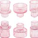 Taper Votive Candle Holder for Pillar Candles Tealight, Candlestick Holder for Wedding Christmas Tea Party, Boho Ribbed Vintage Crystal Glass Table Centerpiece Decor, Bulk Set of 6 (Pink)