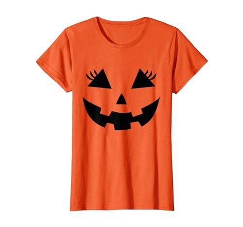 Funny Jack o Lantern Pumpkin face Eyelashes for Halloween T-Shirt, Women, Orange, M