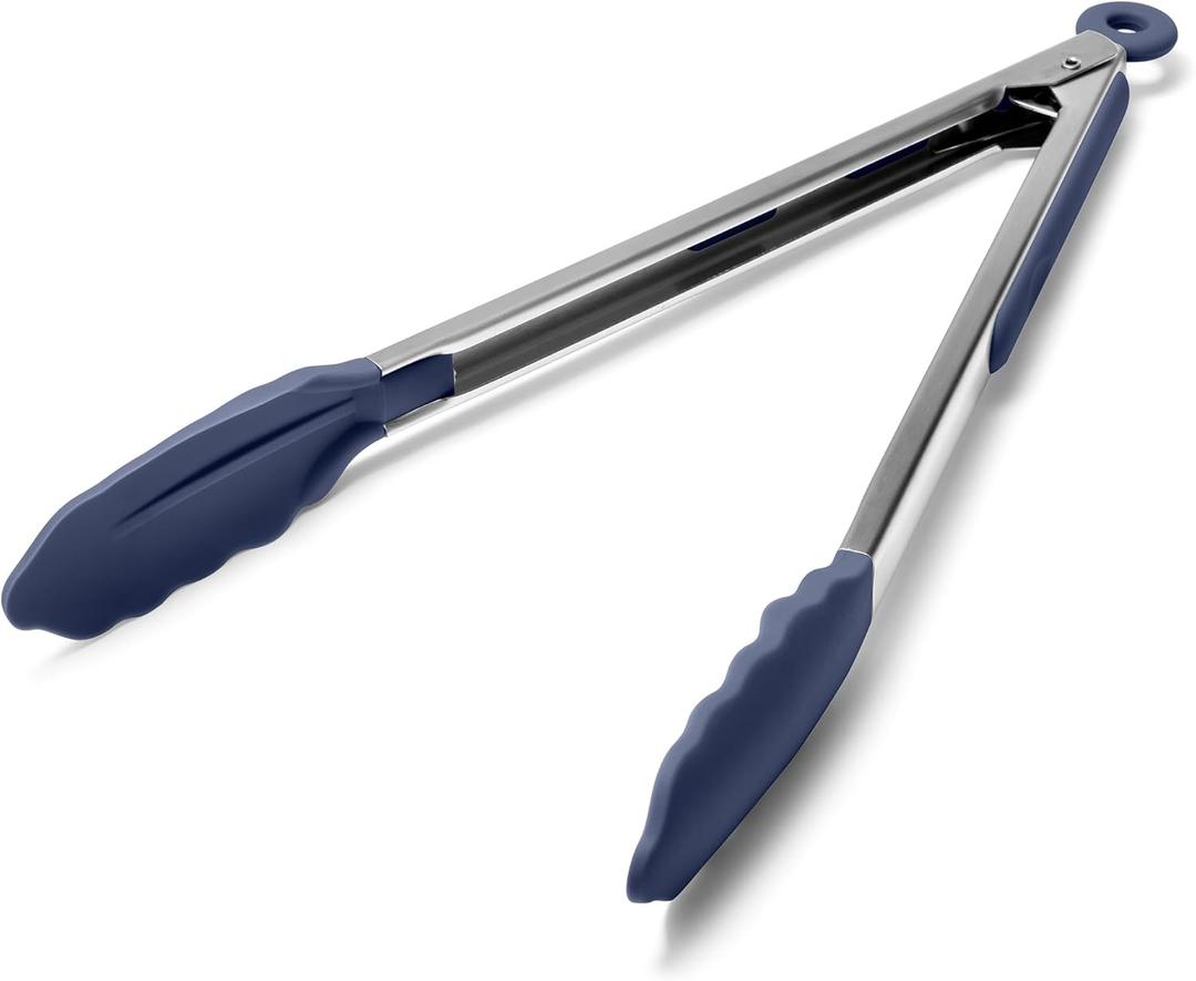 Doosu Kitchen Tongs for Cooking - 600F Heat Resistant Food Tong with Non-Scratch Silicone Tips, Heavy Duty Stainless Steel Locking Tong for BBQ, Grilling Steak, Serving Salad Pasta (12in, Navy Blue)