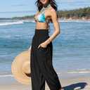 TARSE Womens Linen Wide Leg Pants Casual Loose Elastic Waist Beach Travel Vacation Palazzo Harem Pants with Pockets (Black, M)