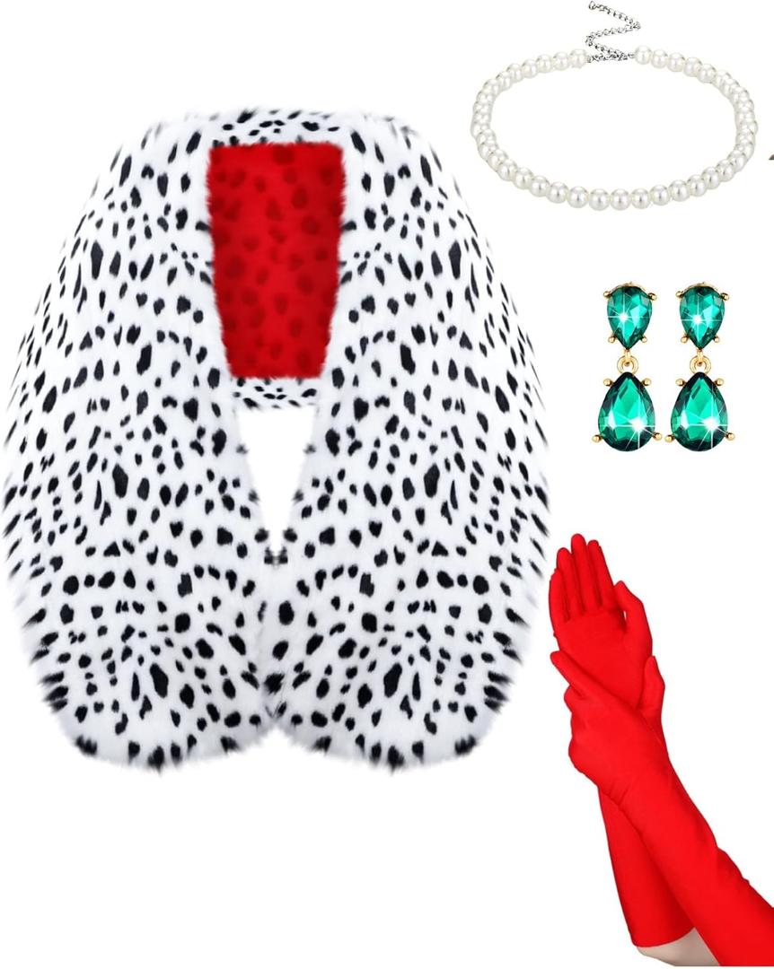 Shinymoon 6 Pieces Halloween Dalmatian Shawl Set Women Faux Stole Accessories Black and White Scarf Dalmatian 1920s Red Gloves Necklace Earring Plastic Holder for Costume Cosplay Party
