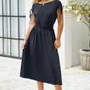 Newshows Womens 2025 Summer Drawstring Cap Sleeve Boat Neck Smocked Casual Vacation Outfits Vestidos Midi Dress (Blue, M)