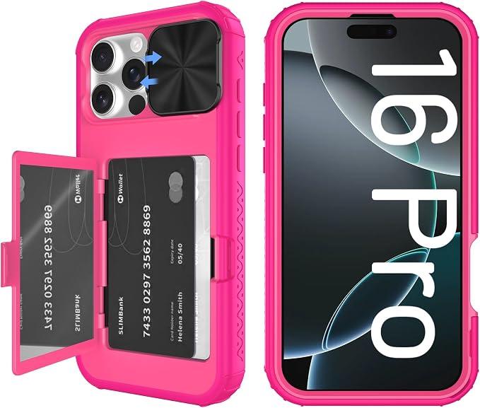 Tieuwant for iPhone 16 Pro Case Wallet, Built-in Mirror, Card Holder, Slide Camera Cover, Kickstand, Ultra Thin & Comfortable, Rugged Heavy Duty Girls Women Protective iPhone Case, Rosepink