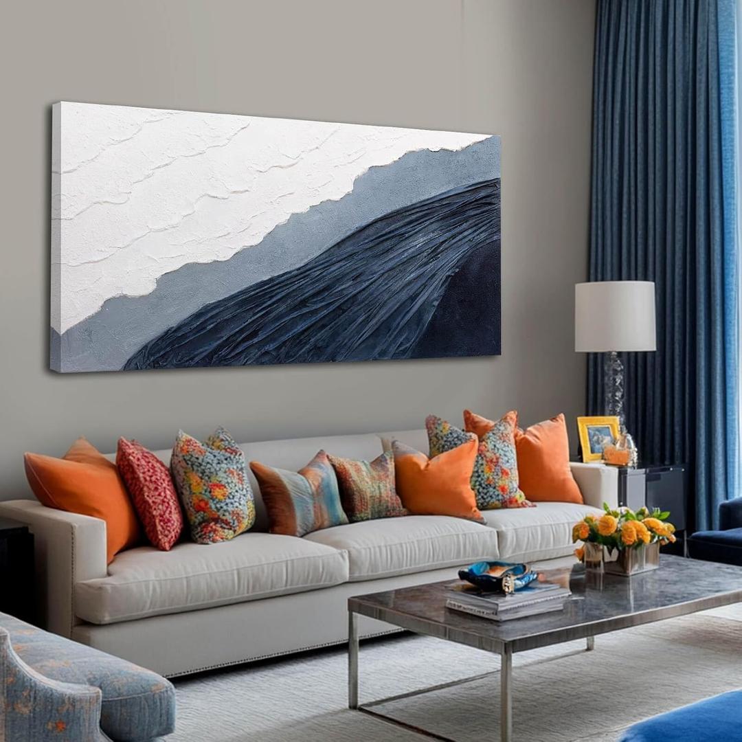 Large Abstract Canvas Wall Art Framed White Poster Paintings Modern Blue Artwork Textured Wall Decor for Living Room Dining Room Hallway 29x58 Inch