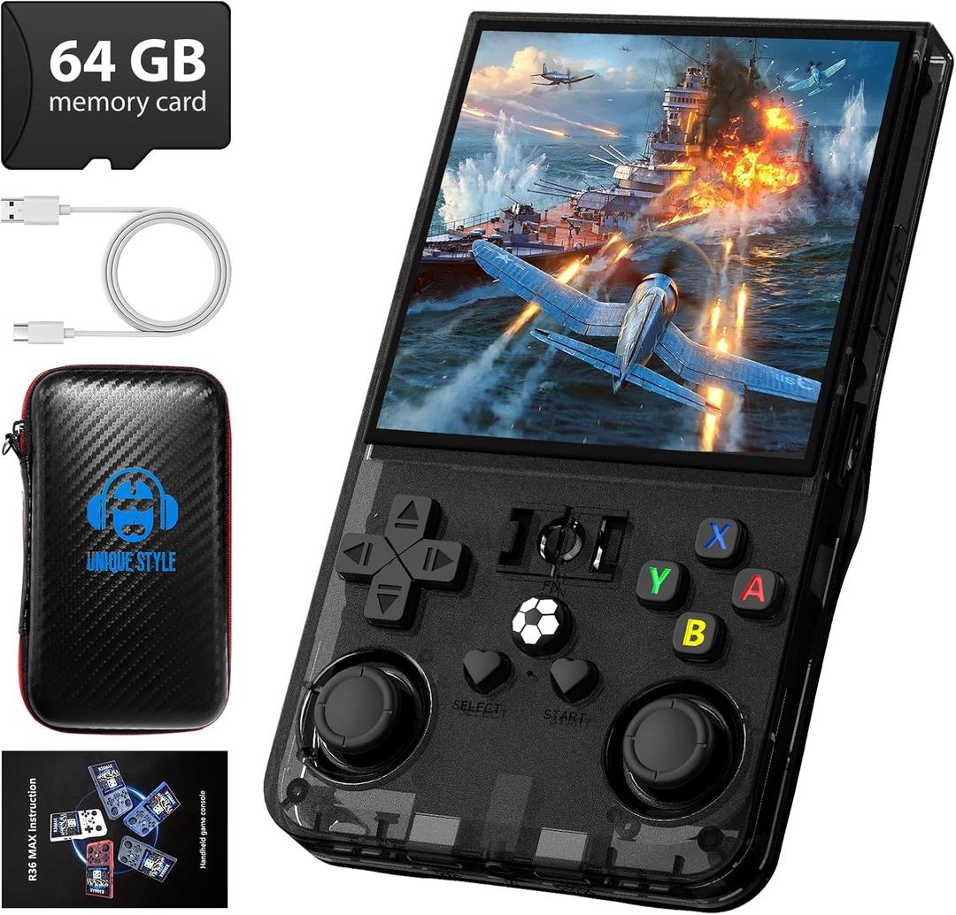 R36MAX Retro Handheld Game Console, 4.0 Inch 720x720 IPS Screen, Built-in 18,000+ Classic Game, Portable Hand Held Open Source Linux System, 4000mAh Battery Retro Gaming Console(Black 64GB)