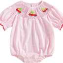 Newborn Baby Girl Smocked Thanksgiving Outfit Infant Plaid Bubble Romper Embroidery Turkey Fall Clothes (Pink)