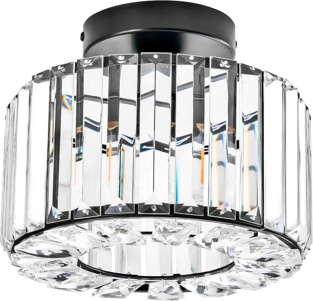 VONLUCE Crystal Light Fixture, Small Chandelier Light Fixture Modern Ceiling Light Fixture for Hallway, Black Semi Flush Mount Ceiling Light for Kitchen Bedroom Living Room Entryway (9.3inch)