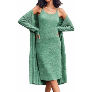 EKOUAER Womens Knit Robe Set 2 Piece Nightgown with Robes Long Sleeves Lounge Sets with Pockets S 3XL (Green, M)