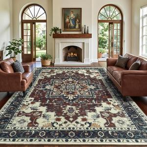 8x10 Area Rugs for Living Room, Large Vintage Carpet for Bedroom Washable Non Slip, Farmhouse Floral Print Aesthetic Distressed Rug for Dining Room Office, Rosewood Red