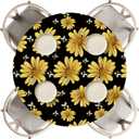Horaldaily Summer Fitted Tablecloth 60 Inch Round, Yellow Flowers Blossom White Washable Table Cover Elastic Edged for Dinning, Picnic, Camping, Banquet (Black)