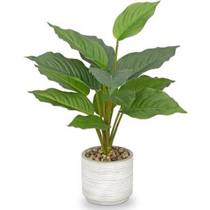 Small Fake Plants Indoor 14.5 Inch Potted Plant Artificial Decor 12 Leaves Faux Plant with Cement Pot Silk House Plants for Home Office Bathroom Kitchen Farmhouse Table Centerpieces Shelf Decor (Green)
