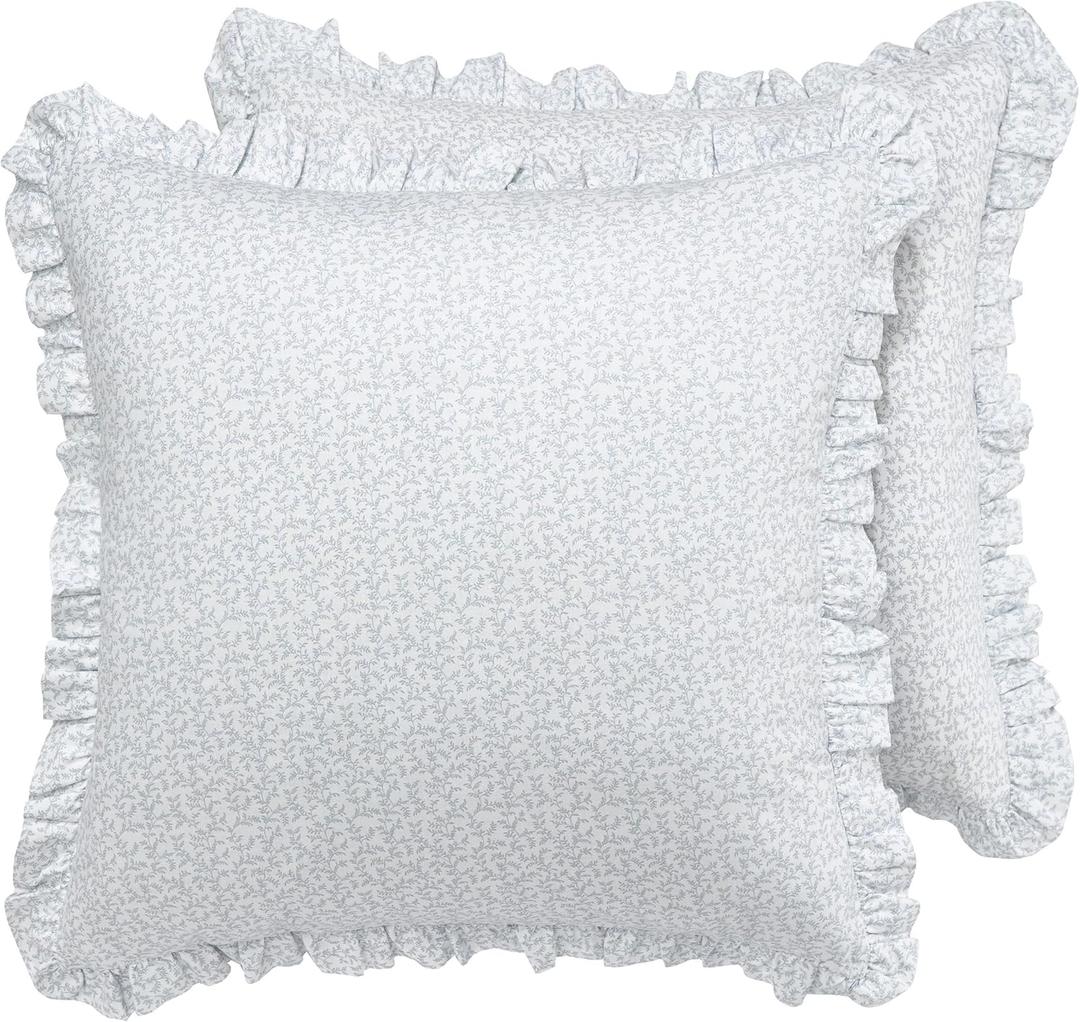 Laura Ashley - Euro Shams, 100% Smooth Cotton with Envelope Closure & Ruffled Edges, Throw Pillow Cover for Bed or Couch, Oeko-Tex Certified (Chloe Blue, 2 Pack)