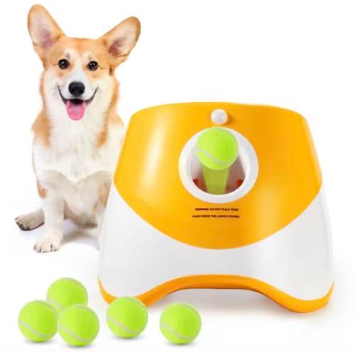 Banvikon Automatic Dog Ball Launcher. Tennis Ball Thrower for Small and Medium Sized Dogs 10-30 Ft, Interactive Dog Toy with 3 Distance Settings with Battery Options. (Orange)