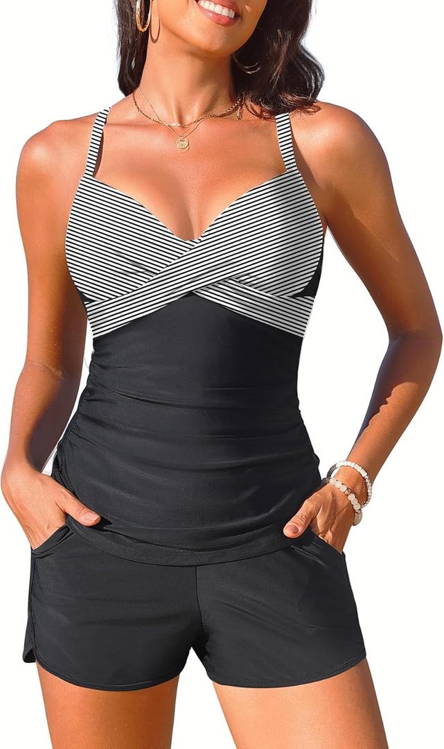 Womens Tankini Swimsuits with Shorts - Two Piece Tummy Control Bathing Suits Top with Two Pockets Swim Bottom (XX-Large, Black Striped)