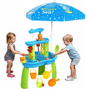 Hugut 2025 Upgraded 3-Tier Sand Water Table with Umbrella  Outdoor Backyard Sensory Activity Table for Kids, Perfect for Boys and Girls Summer Fun