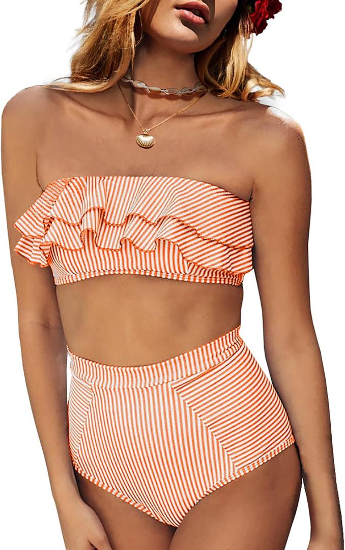 Saodimallsu Women High Waisted 2 Piece Bikini Set Bandeau Ruffle Swimsuit Top Striped Bathing Suits (Large, Orange)