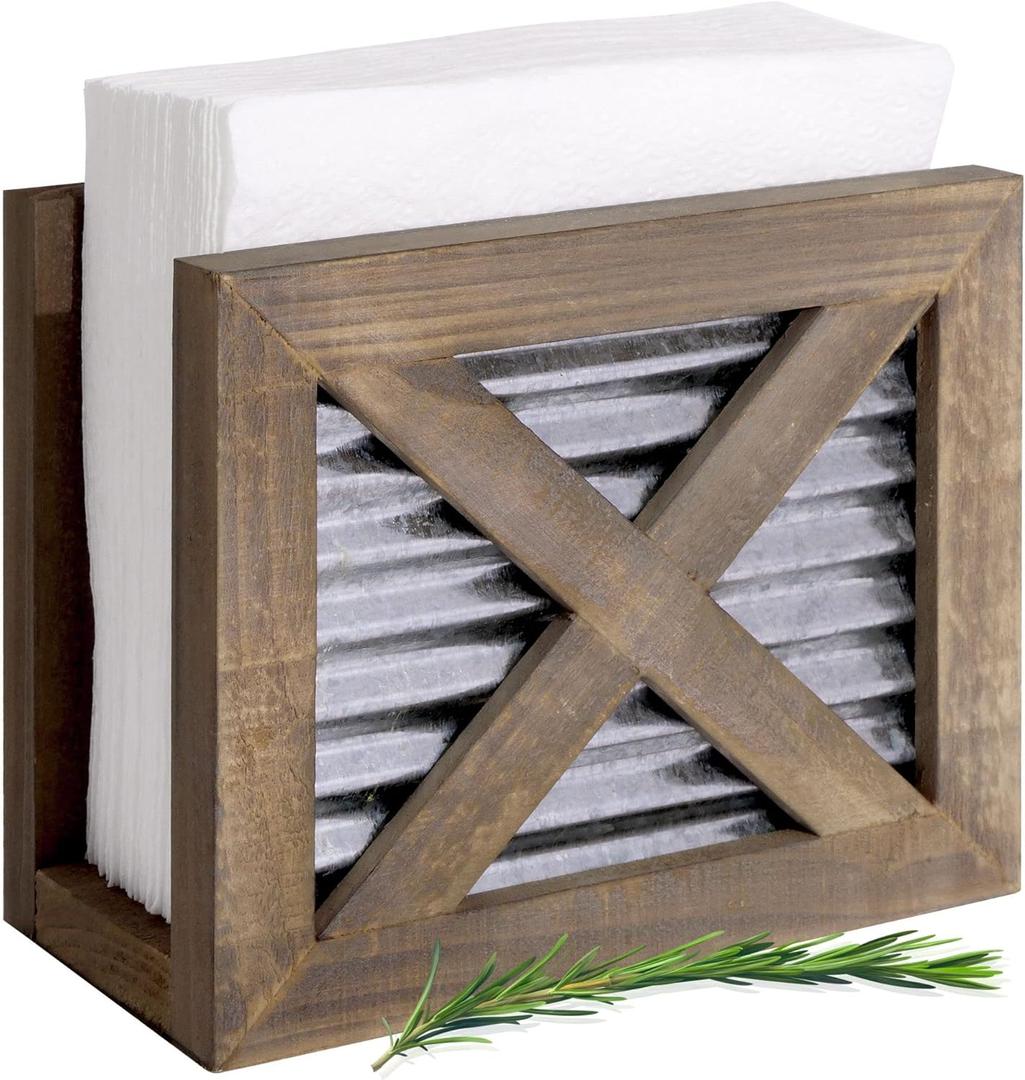 Autumn Alley Farmhouse Napkin Holder Wooden- Upright - Classic Barn Door Design with Galvanized Metal - Rustic Napkin Holder for Farmhouse Kitchen Dcor - Country Kitchen Accessories (Brown)