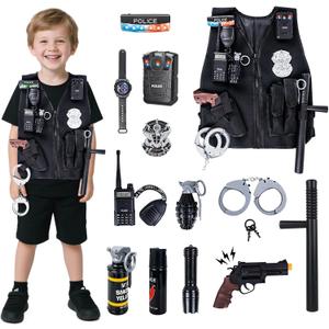 14Pcs Police Costume for Kids, Pretend Play Swat Vest with Toys Accessories, Role Play Cop Costumes Outfit Dress up Set for 4-6 6-8 Ages, Swat Costume for Kids, One Size