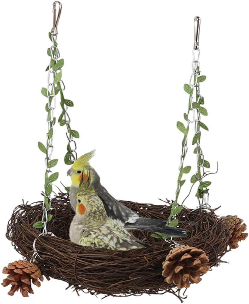 Natural Rattan Nest Small Medium Large Bird Swing for Parrot Parakeet Cockatiel Conure Cockatoo Macaw Amazon African Grey Lovebird Finch Canary Budgie Cage Perch Toy (Large)