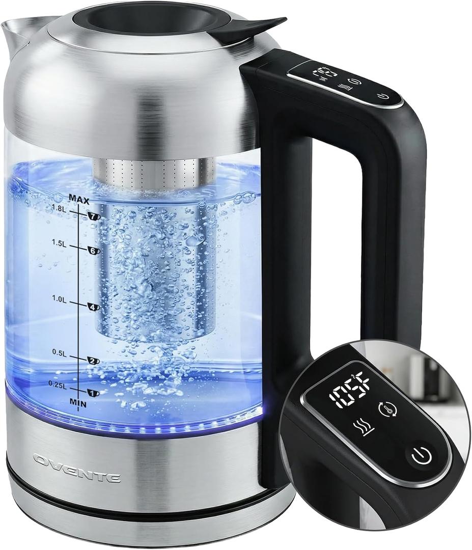 OVENTE Digital Glass Electric Kettle with Temperature Control, 1.8L Cordless Electric Tea Kettle with 7 Presets, Water Boiler Electric Pot, Keep Warm Function, Auto Shut-Off, Silver KGD752S