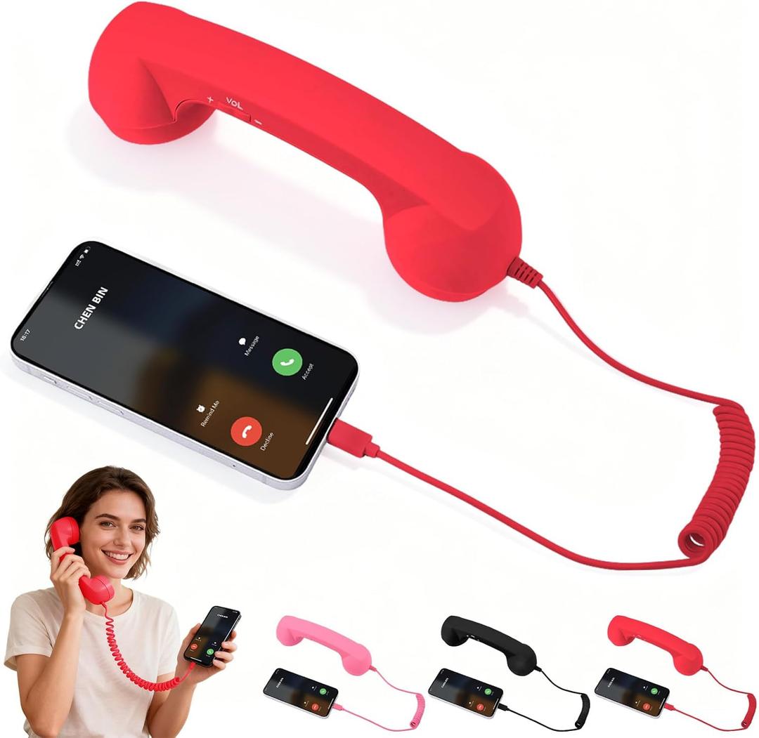 Retro Phone Handset,2026 New Retro Style Type-C Phone Handset,Type-C Retro Telephone Wired Handsets Style Landline Handle Receiver for Cell Mobile Video Conferences,Calls,Meetings (Red)