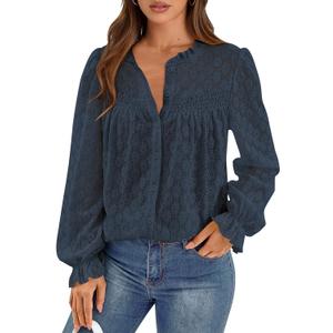 PRETTYGARDEN Women's Lace Long Sleeve Button Down Blouse, Size S