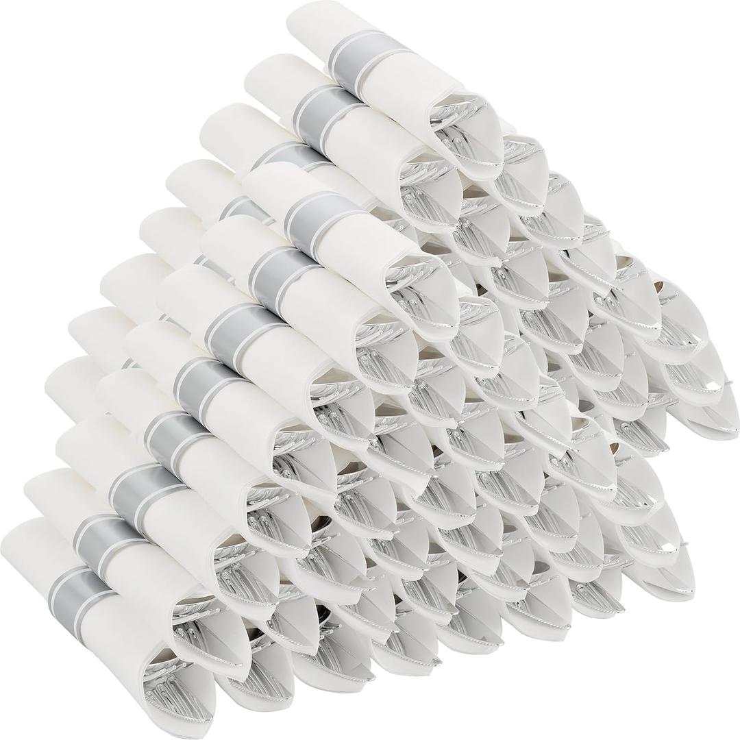 100 Pack Pre Rolled Silver Plastic Silverware Set with Napkins,Disposable Wrapped Heavy Duty Cutlery Set for Wedding Birthday Party-100 Forks,Knives,Spoon,Utensils Set,Plasticware Bulk