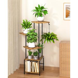 Homsorout Plant Stand Indoor, 5-Tier Tall Plant Stand Indoor, Metal Plant Shelf with Hanging Basket Hook, Ideal Corner Plant Table for Living Room, Balcony, Garden, Patio (Brown)