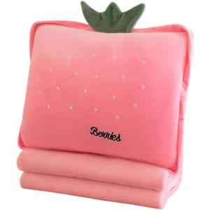 Rikyo 15" Stuffed Fruit Travel Blanket and Pillow Set,3 in 1 Plush Stuffed Hugging Pillow with Warming Hands Pillow Blanket for Kids Gift Travel Airplane Train Bed Office Nap (Pink - Strawberry)