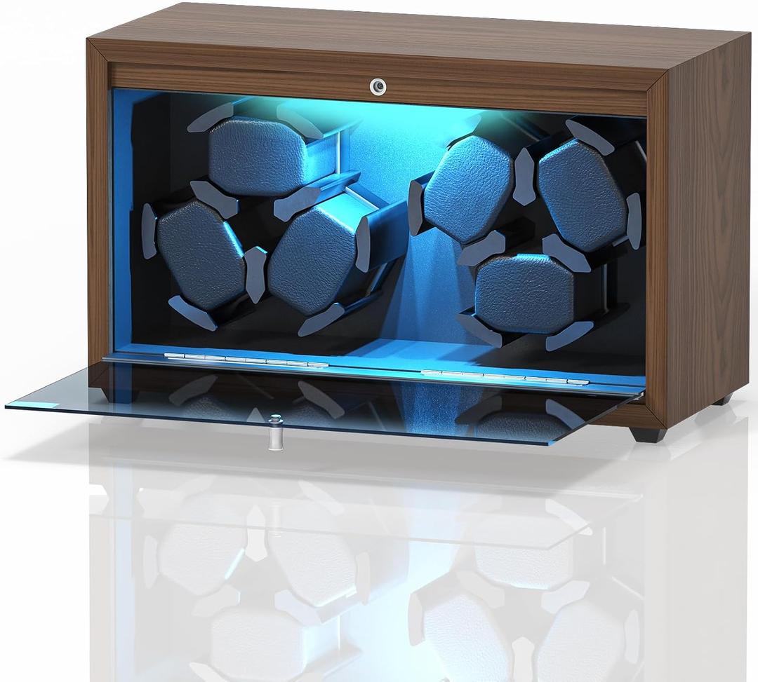 Watch Winder, 6 Slots Automatic Watch Winders with Serenity Blue Backlight and Memory Foam Pad, Open Lid Tech, 4 Modes (Adapter Not Included)